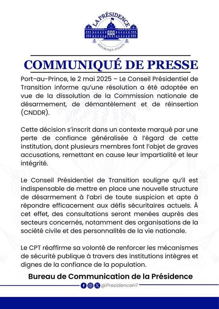Le Conseil Présidentiel de Transition dissout la CNDDR pour cause de perte de confiance